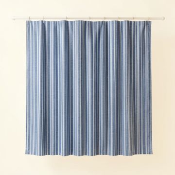 Fern Branch Shower Curtain Hanging Flat From A Plain Rod - Blue (synthetic illustration; no displayed measurements)