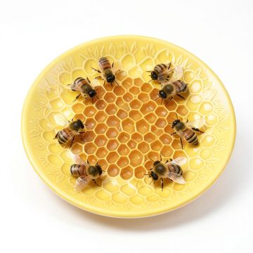 Pretty Honey Bees Around Bee Hive On Honeycomb Background Porcelain Decorative Plate (synthetic illustration; no displayed measurements)