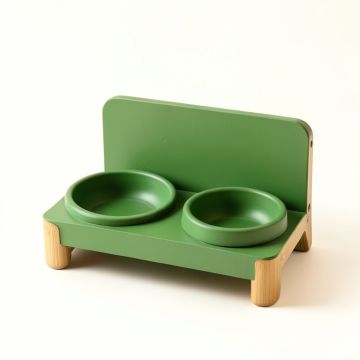 Birch Branch Pet Feeding Stand With Two Plain Empty Bowls - Green (synthetic illustration; no displayed measurements)