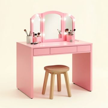 Vanity Beauty Station Makeup Table And Wooden Stool 3 Mirrors With Led Lights (synthetic illustration; no displayed measurements)