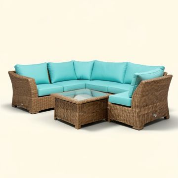 Latitude Run® 8Pcs Rattan Patio Conversation Set Outdoor Furniture Set W/ Turquoise Cushions (synthetic illustration; no displayed measurements)