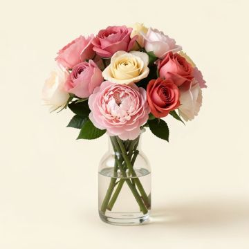 Peony Rose Mixed Floral Arrangement In Glass Vase (synthetic illustration; no displayed measurements)
