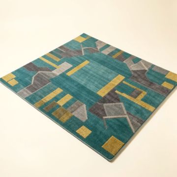 Ruby Dede Mid-Century Modern Geometric Teal Blue/Gray/Gold Area Rug (synthetic illustration; no displayed measurements)
