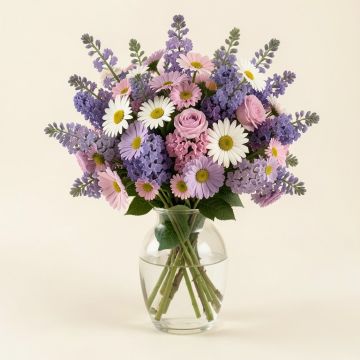 Lilacs And Daisies Mixed Floral Arrangement In Glass Vase (synthetic illustration; no displayed measurements)