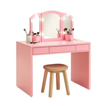 Vanity Beauty Station Makeup Table And Wooden Stool 3 Mirrors With Led Lights