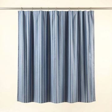 Birch Canyon Shower Curtain Hanging Flat From A Plain Rod - Blue (synthetic illustration; no displayed measurements)