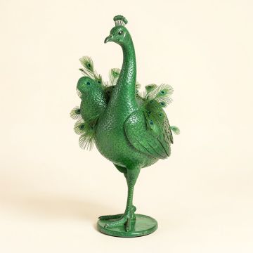 Standing Metal Peacock Statue (synthetic illustration; no displayed measurements)