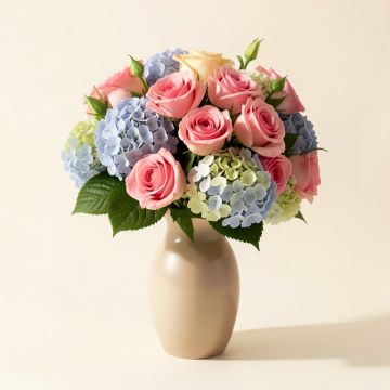 Roses And Hydrangea Floral Arrangement In Vase (synthetic illustration; no displayed measurements)