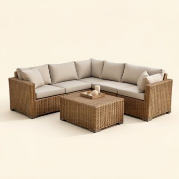 Huang 5 Piece Rattan Sectional Seating Group With Cushions (synthetic illustration; no displayed measurements)