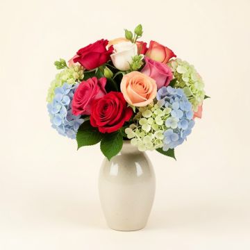 Roses And Hydrangea Floral Arrangements In Vase (synthetic illustration; no displayed measurements)