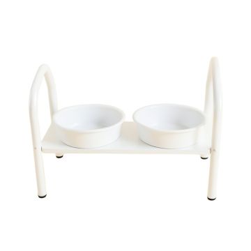 Ridge Bend Pet Feeding Stand With Two Plain Empty Bowls - White