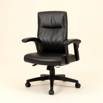 Black Leather Chair With Padded Arms (synthetic illustration; no displayed measurements)