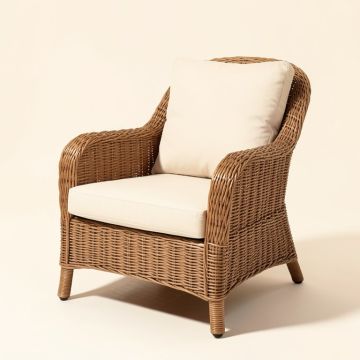 Wicker Print Patio Chair With Cushions (synthetic illustration; no displayed measurements)