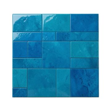 Linear Random Sized Natural Stone Mosaic Tile In Glossy Blue/Turquoise