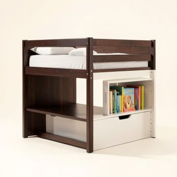 Bintou Low Loft Bed With Bookcase And Drawers (synthetic illustration; no displayed measurements)