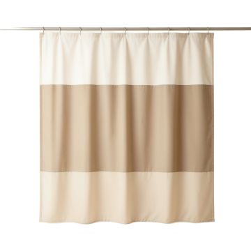 Spruce Branch Shower Curtain Hanging Flat From A Plain Rod - Beige