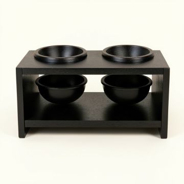 Oak Arc Pet Feeding Stand With Two Plain Empty Bowls (synthetic illustration; no displayed measurements)