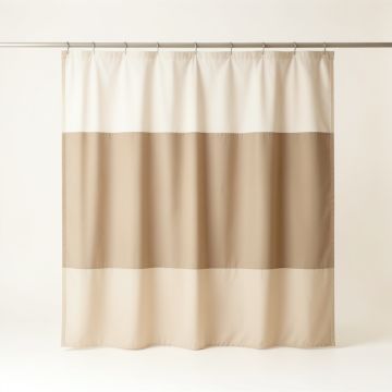 Spruce Branch Shower Curtain Hanging Flat From A Plain Rod - Beige (synthetic illustration; no displayed measurements)