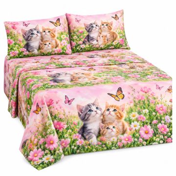 Kittens In Flower Meadow Field Happy Cats Family With Butterfly Kids Cartoon Sheet Set