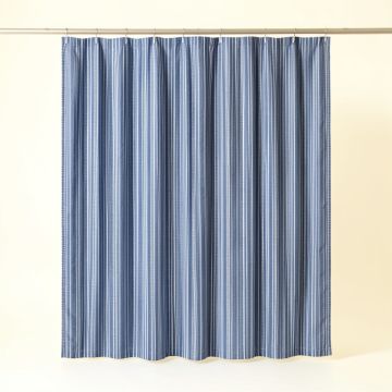 Alder Crossing Shower Curtain Hanging Flat From A Plain Rod - Blue (synthetic illustration; no displayed measurements)