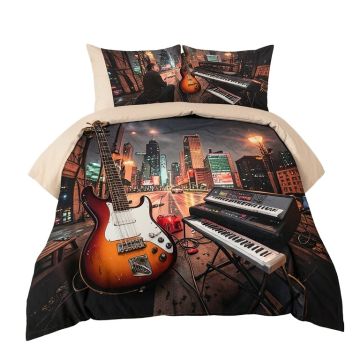 Music Bass Guitar Keyboard Urban Rock Backdrop Rhythm Of City Illustration Duvet Cover Set