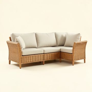 Hodge 3 Piece Teak Sofa Set With Sunbrella Cushions (synthetic illustration; no displayed measurements)
