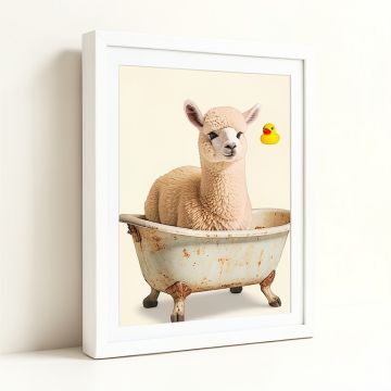 Llama In A Vintage Bathtub With Rubber Ducky By Amy Peterson - Graphic Art Print (synthetic illustration; no displayed measurements)