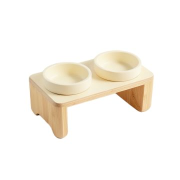 Pine Edge Pet Feeding Stand With Two Plain Empty Bowls - Cream
