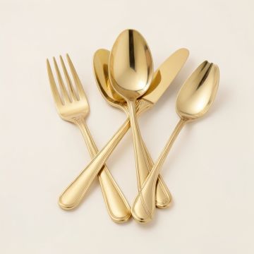 Tomball 65 Piece Gold Accent Euro Bead 18/10 Stainless Steel Flatware Set (synthetic illustration; no displayed measurements)