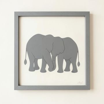 Mom And Baby Elephants Framed Painting Print (synthetic illustration; no displayed measurements)