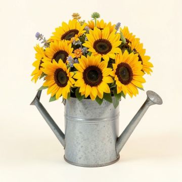 Sunflowers Mix Floral Arrangement In Watering Can (synthetic illustration; no displayed measurements)