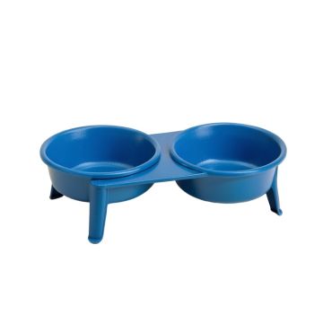Olive Bend Pet Feeding Stand With Two Plain Empty Bowls - Blue