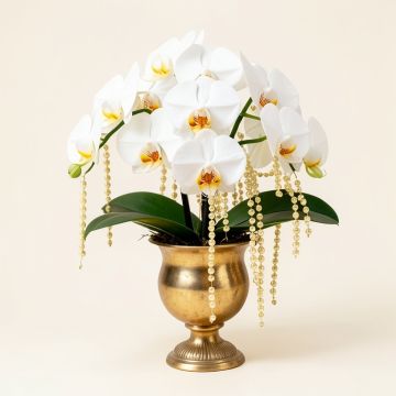 Real Touch White Silk Phalaenopsis Orchids And Leaves With String Of Pearls (synthetic illustration; no displayed measurements)
