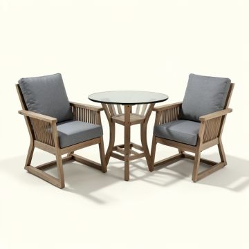 3-Piece Outdoor Patio Furniture Faux Woodgrain Rocking Chairs Warm Gray Cushions & (synthetic illustration; no displayed measurements)