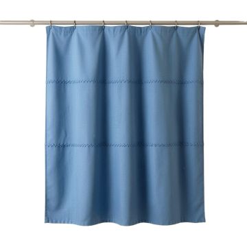 Cedar Dell Shower Curtain Hanging Flat From A Plain Rod - Blue