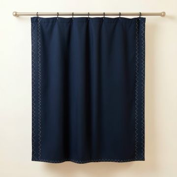 Dune Falls Shower Curtain Hanging Flat From A Plain Rod - Navy (synthetic illustration; no displayed measurements)