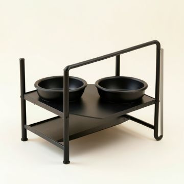 Brook Edge Pet Feeding Stand With Two Plain Empty Bowls - Black (synthetic illustration; no displayed measurements)