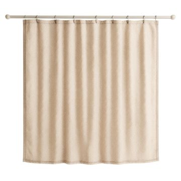 Meadow Bridge Shower Curtain Hanging Flat From A Plain Rod - Beige
