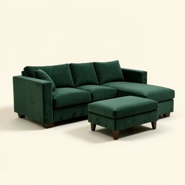 Dilbagh Velvet Sofa & Chaise With Ottoman (synthetic illustration; no displayed measurements)