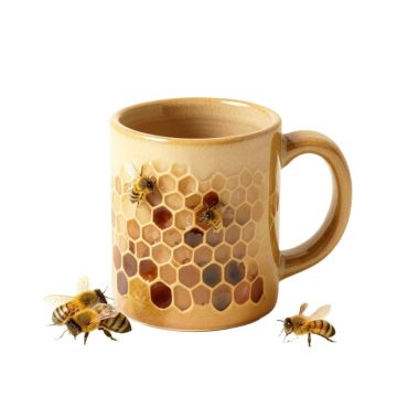 Pretty Honey Bees Around Bee Hive On Honeycomb Background Coffee Mug