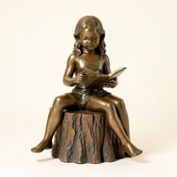 Alancia Girl Sitting On A Tree Stump , Reading Bronze Statue (synthetic illustration; no displayed measurements)
