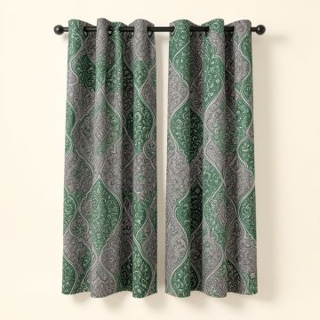 Devan Gray Arabesque Tile With Oriental Touch Eastern Style Ethnic Spiritual Motif Graphic Print & Text Semi-Sheer Rod Pocket Curtain Panel (synthetic illustration; no displayed measurements)