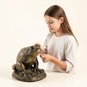 Girl Looking At A Frog Statue (synthetic illustration; no displayed measurements)