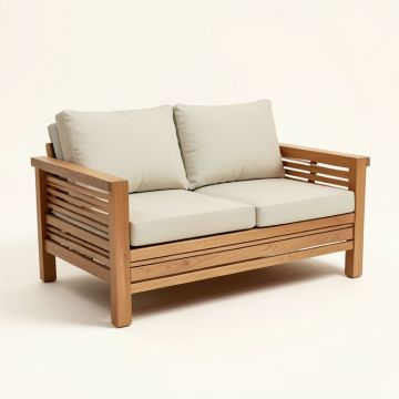 Chancy Courtyard Teak Patio Sofa With Cushions (synthetic illustration; no displayed measurements)