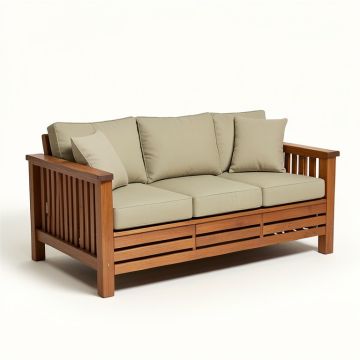 Donalsonville Teak Patio Sofa With Sunbrella Cushions (synthetic illustration; no displayed measurements)