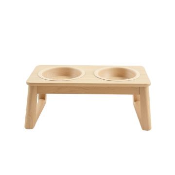 Pine Bridge Pet Feeding Stand With Two Plain Empty Bowls - Beige
