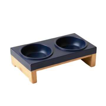 Oak Crest Pet Feeding Stand With Two Plain Empty Bowls - Navy