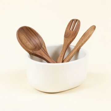 Ayesha Collection Parawood Cooking Tool And Ceramic Crock Set , 4-Piece (synthetic illustration; no displayed measurements)