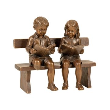 Boy And Girl Reading Books On Bench Bronze Statue - Size : 48 '' L X 29 '' W X 39 '' H .