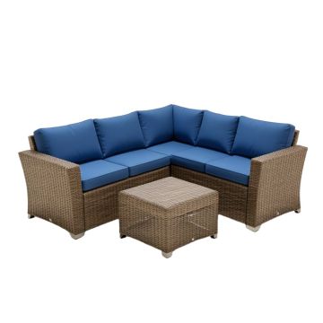 Winston Porter 3Pcs Outdoor Rattan Conversation Set Patio Furniture Set W/ Blue Cushions